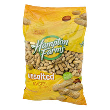 Hampton Farms unsalted roasted peanuts bag with green logo and peanuts in shell.