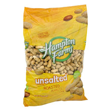 Hampton Farms unsalted roasted in-shell peanuts bag, filled with tan peanuts in shells.
