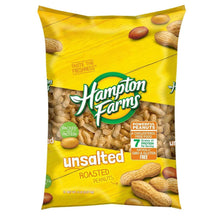 Hampton Farms unsalted roasted in-shell peanuts bag, front label with peanut illustrations.