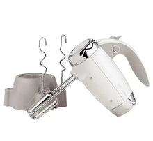 Betty Crocker white hand mixer with two beaters and base cup
