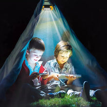 Orange work light placed inside a camping tent while kids use tablets