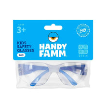 Kids safety glasses with blue-tinted lenses in clear plastic packaging