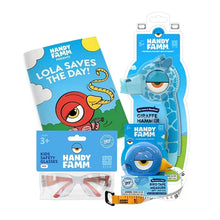 Kids tool set with giraffe hammer, bird tape measure, safety goggles, and coloring book