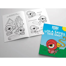 Kids coloring book with crayoned-giraffe DIY drawings and text pages