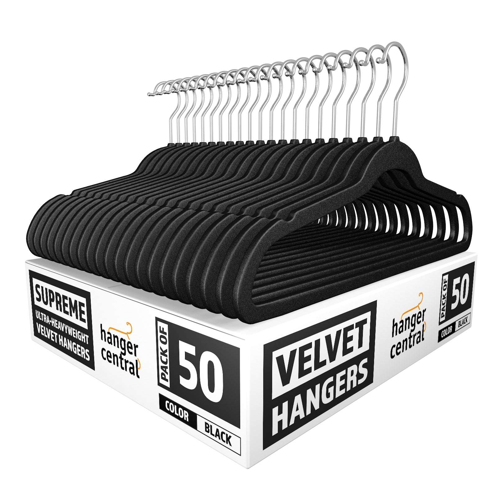 Hanger Central 25 pack 17 Inch Black Velvet Clothes Hangers with Swivel Hook