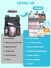 Grey hanging diaper caddy organizer with multiple shelves and hanging pockets