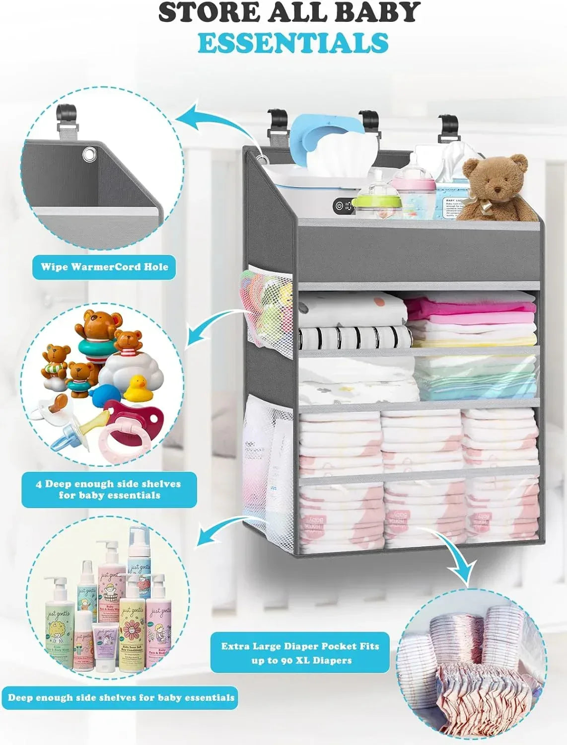Hanging Baby Diaper Caddy Organizer, Grey, with Paper Pocket, for Crib, Changing Table, Playard, Nursery