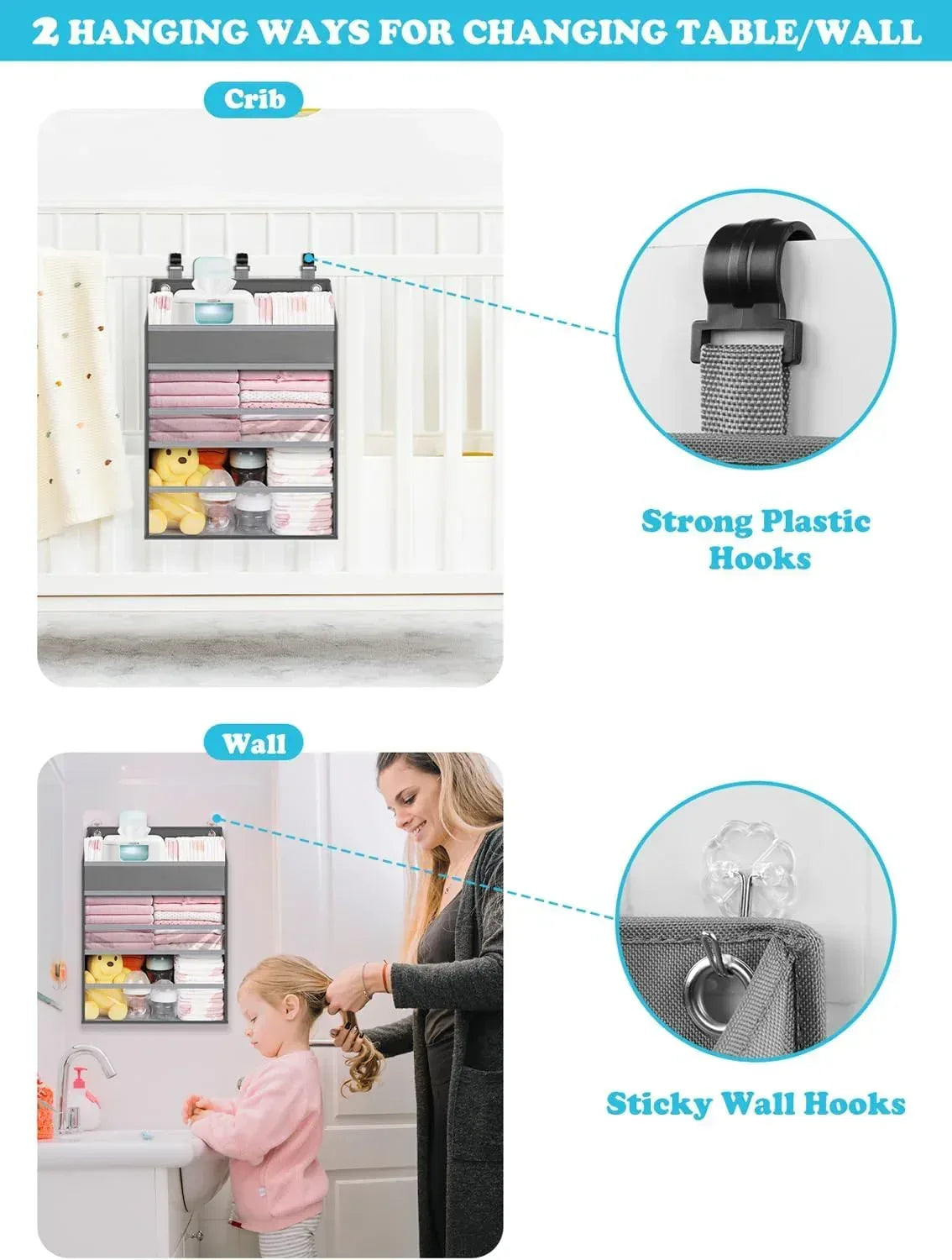 Hanging Baby Diaper Caddy Organizer, Grey, with Paper Pocket, for Crib, Changing Table, Playard, Nursery
