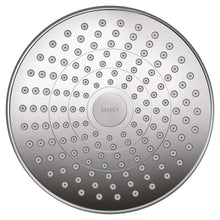 Round showerhead face with water outlets and Select control panel