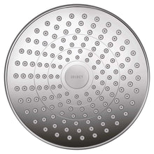 Round chrome showerhead with SELECT button and spray holes