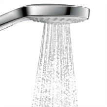 Overhead rain showerhead spraying water in fine streams