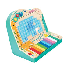 Teal pixel piano arcade with blue touch grid, colorful piano keys, and buttons