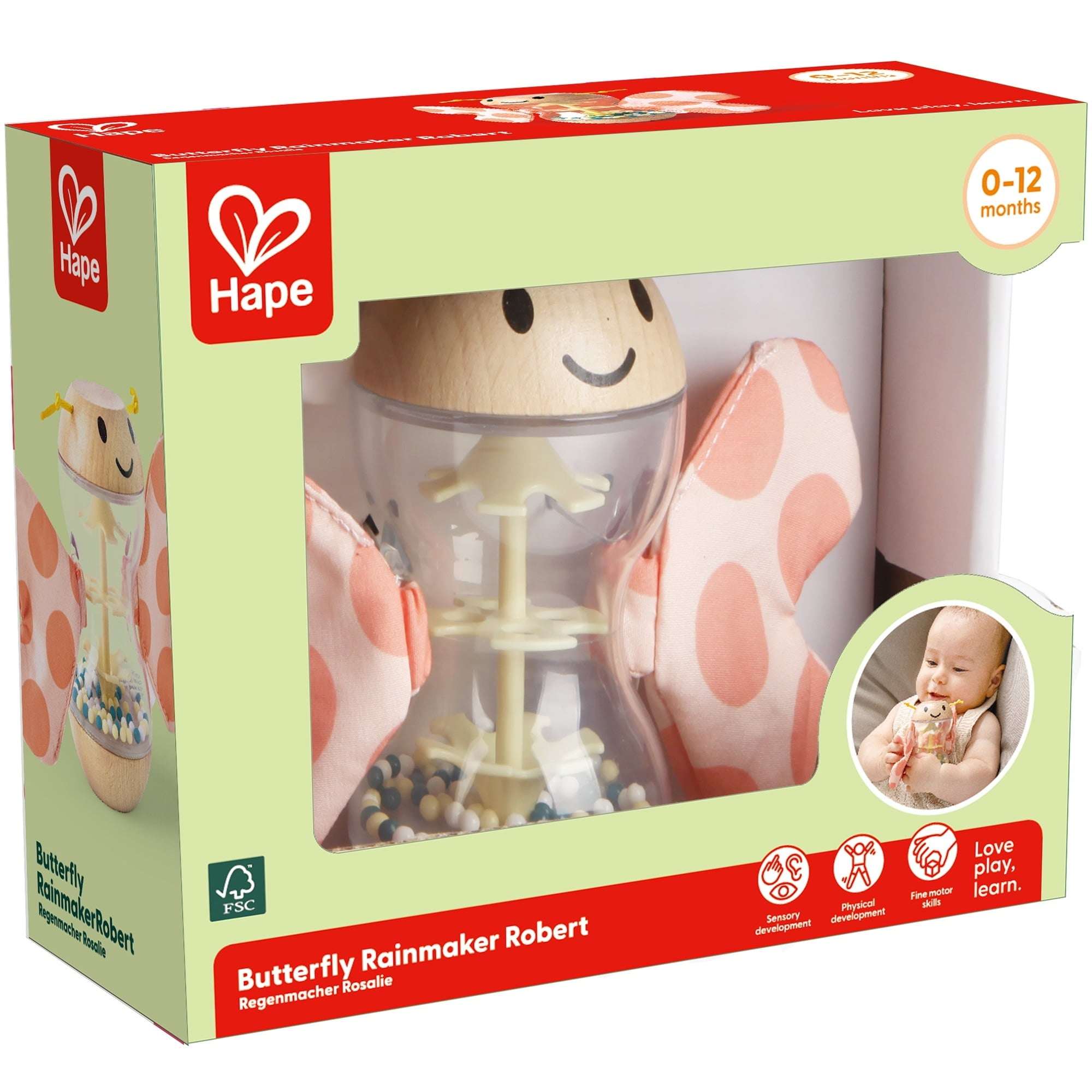Hape: Butterfly Rainmaker Robert - Soft Peach Colored Baby Teether & Shaker Toy, Detachable Wings, Sensory Play, Infant-Baby-Toddler Ages 0mo+