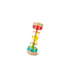 Rainbow bead shake rattle, clear tube with red cap, teal base, wood ends