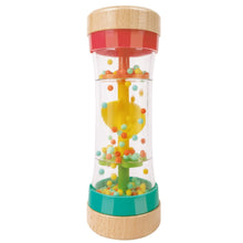 Rainbow bead shake rattle, clear tube with red top, teal base, and wood ends
