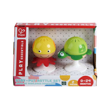 Stay-put rattle set box showing two turtle and octopus toys, Play Essentials branding