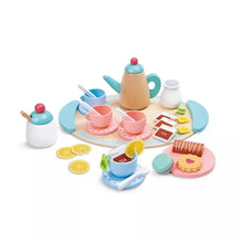 Toy tea set with wooden teapot, cups, saucer tray and pretend lemon treats