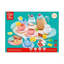 Hape tea set box with toy teapot, cups, tray and pretend treats