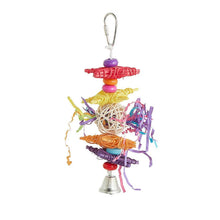 Crinkle bird toy with colorful ribbon strands and bead accents on a metal stand