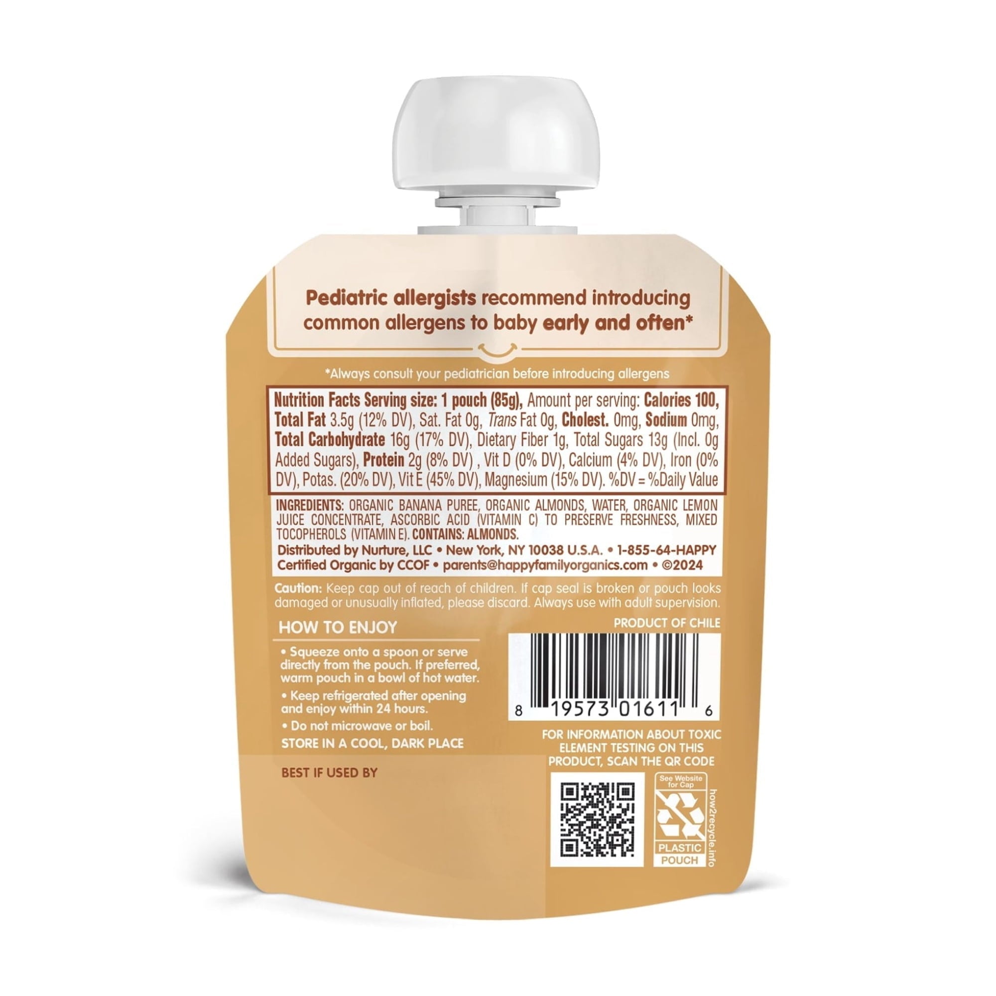 Happy Baby Nutty Blends, Stage 2 Organic Baby Food, Bananas & Almond Butter, 3 oz. Pouch