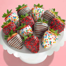 Chocolate-covered strawberries gift platter with red, white, striped, and sprinkle toppings