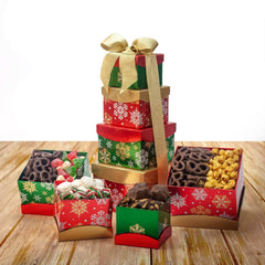 Happy Holidays Snowflake Tower of Sweets 4-Tier Tower, 1.92 lbs Total, Pre-Order - USA MEGA SHOP