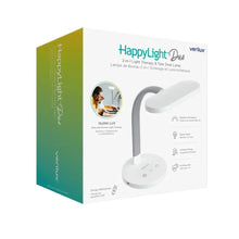 Product box for HappyLight Duo 2-in-1 light therapy and task desk lamp, with lamp shown