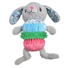 Plush rabbit dog toy, gray with pink striped belly and green ruffle