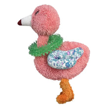 Plush flamingo dog toy, pink with green ruffle and patterned belly
