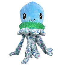Plush octopus dog toy, blue with green ruffle and patterned fabric body