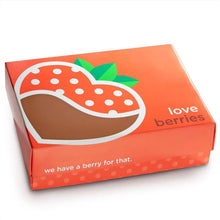 Red gift box with strawberry graphic and “love berries” text