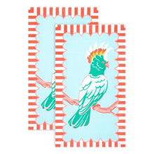 Set of two beach towels with light blue bird print and coral-and-white stripes