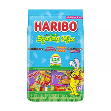 Haribo Spring Mix gummy candy bag, blue front with bunny graphics and 125 count badge.