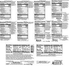 Nutrition facts labels for assorted snack gift box contents