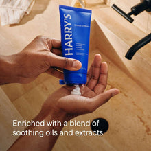 Harry's shave cream dispensed into hands, creating creamy white lather
