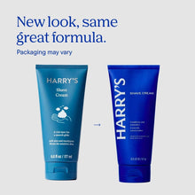 Harry's shave cream tubes side by side, blue squeeze containers