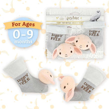 Dobby™ foot rattles set: two light gray socks with attached plush bunny heads