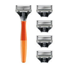 Ember Orange handled 5-blade razor with multiple cartridge heads shown