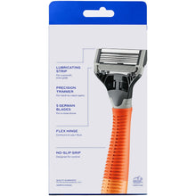Back of 5-blade shaving razor value pack with Ember Orange handle