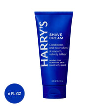 Harry's shave cream tube, blue squeeze container with a size badge