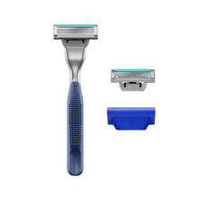 Razor handle with cartridge head, extra cartridge, and blue blade cover