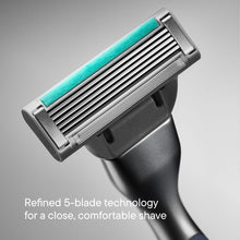 5-blade shaving razor head with green strip and gray metal handle