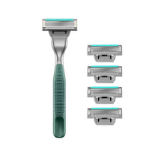 Moss green shaving razor handle with four stacked silver blade cartridges