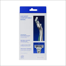Retail box showing shaving razor handle and five-blade refill cartridges