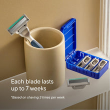 Shaving razor handle with blade refills and cartridge set in tray