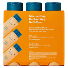 Redwood body wash 3-pack box back with teal bottles and label details