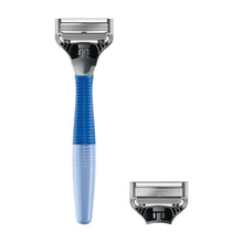 Glacier blue shaving razor handle with attached cartridge and separate replacement head