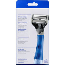 Glacier blue razor handle with cartridge shown on back of packaging