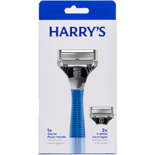Glacier blue shaving razor handle with cartridge and replacement head on retail card