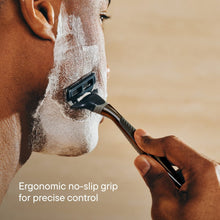 Men's razor with no-slip grip, used for shaving on a lathered face